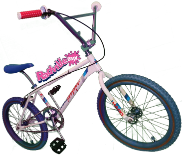 Radville BMX old school freestyle bike 1984 Haro Sport with blue comp tires and Oakley red grips.