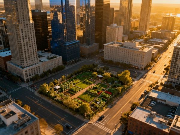 Urban community garden surrounded by tall buildings at sunset.