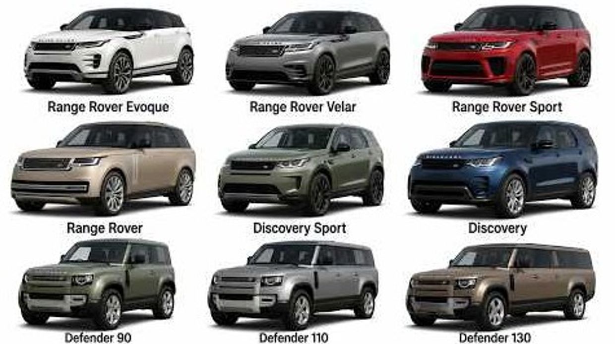 Various Land Rover models in different colors.