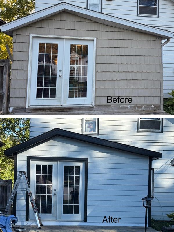 Before and after photos of a house exterior renovation with new siding, trim, soffit and fascia.