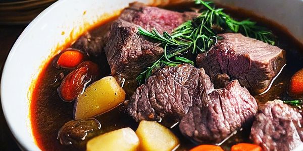A bowl of beef stew with vegetables and herbs.
