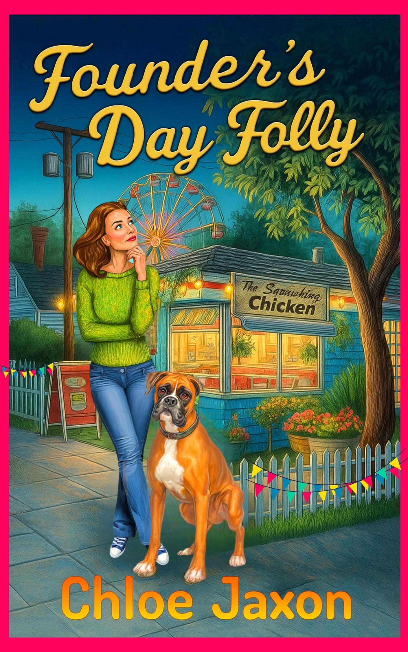 woman and boxer dog standig in front of diner