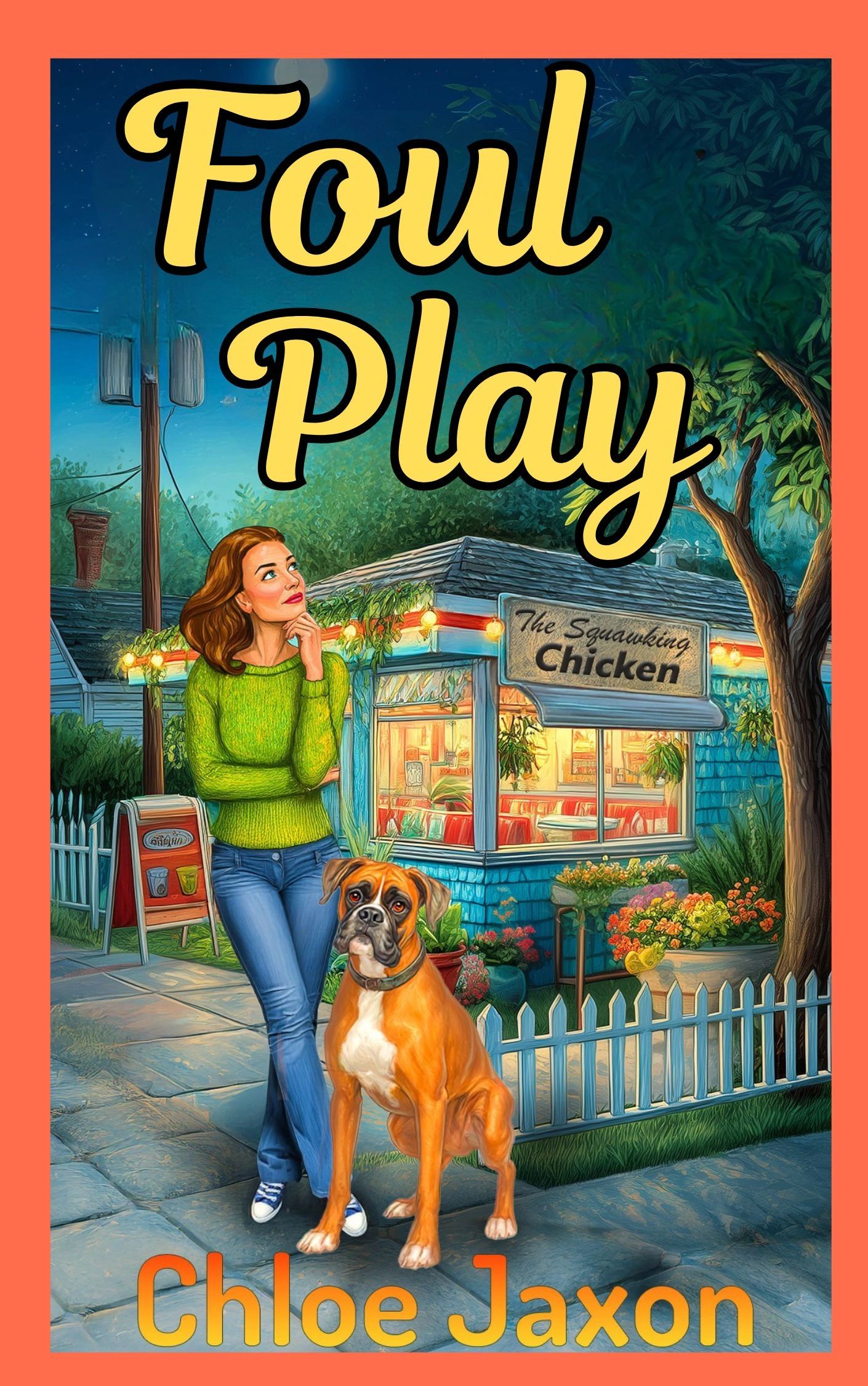 woman and boxer dog in front of a diner
