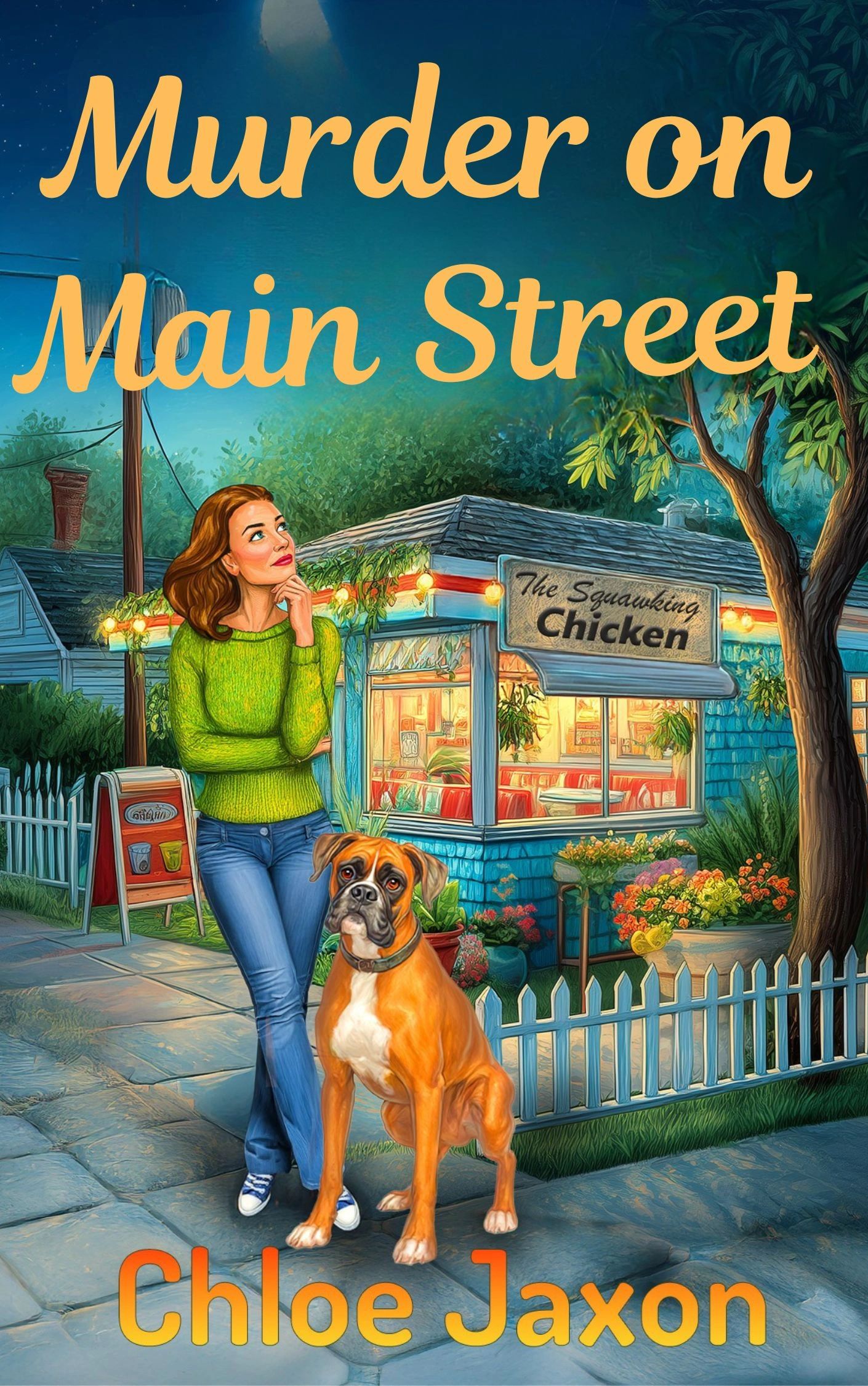 woman with boxer dog in front of a diner