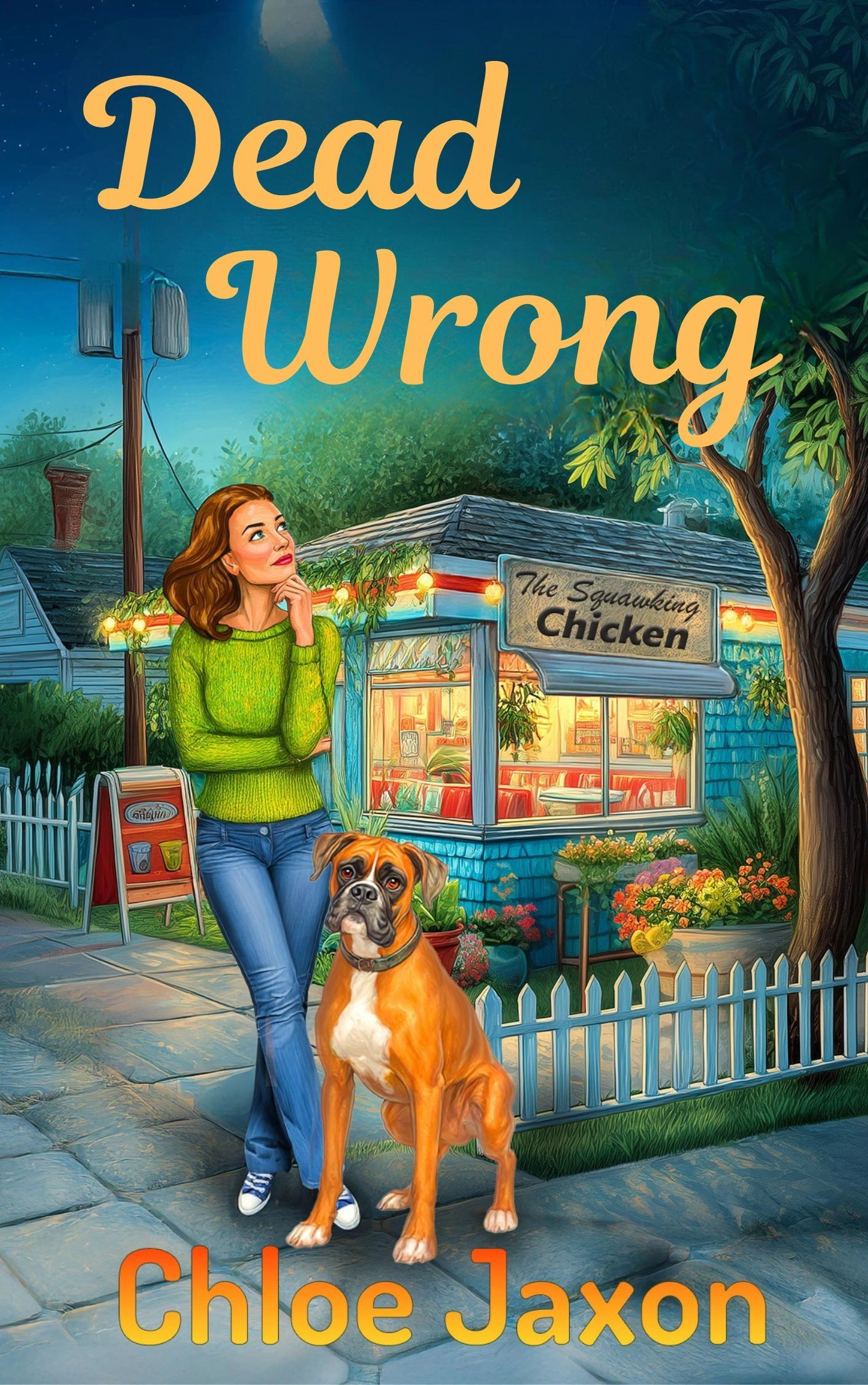 woman and Boxer dog in front of a diner