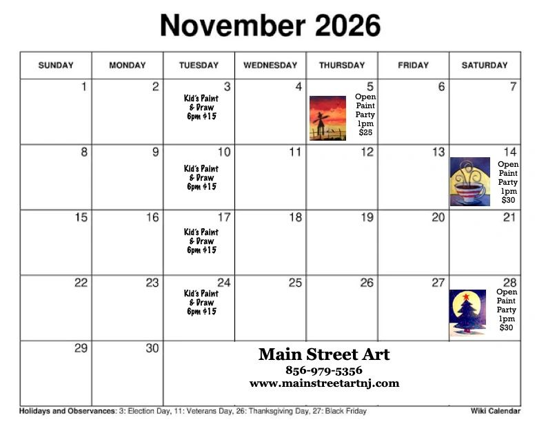 November 2026 calendar with art events and classes.