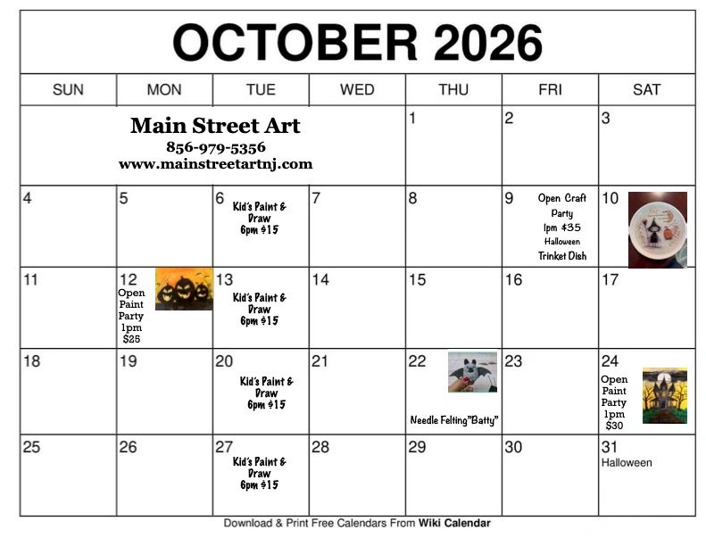 October 2026 art events calendar from Main Street Art.