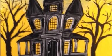 Spooky haunted house with glowing windows on a yellow background.