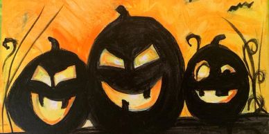 Three black jack-o'-lanterns against an orange background.