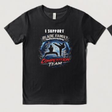 Black t-shirt with martial arts design and supportive text.