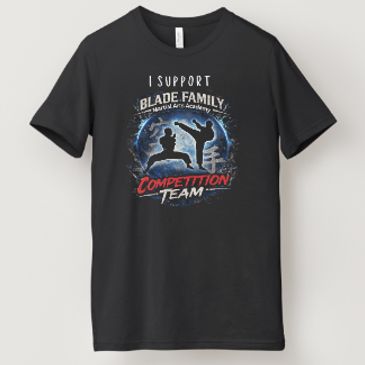 Black t-shirt with martial arts competition team graphic and text.