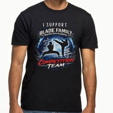 Black T-shirt with martial arts themed graphic and text supporting Blade Family Competition Team.