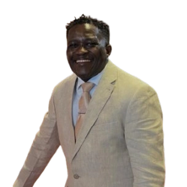 Happy man in beige suit and light peach tie.