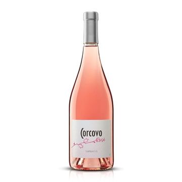A bottle of Corcovo Rosé wine with a silver cap and pink label.