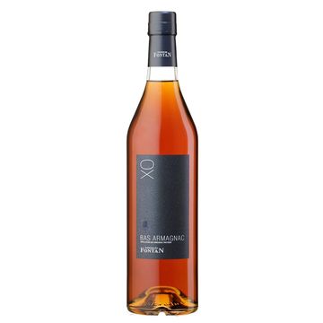 Bottle of Bas Armagnac XO by Domaine de Fontan with amber liquid.