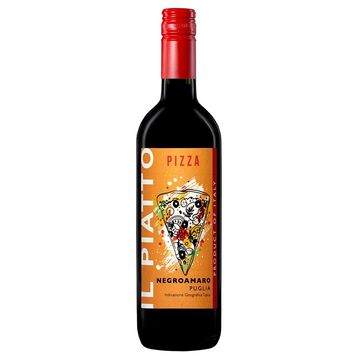 Bottle of Il Piatto Negroamaro wine with pizza-themed label.
