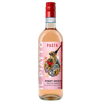 Bottle of Il Piatto Pinot Grigio rosé wine with pasta-themed label.