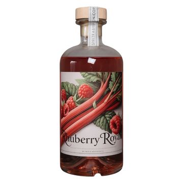 A bottle of Rhuberry Royale with raspberry and rhubarb artwork on the label.