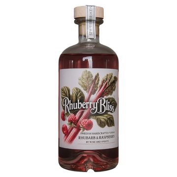 Bottle of RhuberryBliss rhubarb and raspberry spirit.