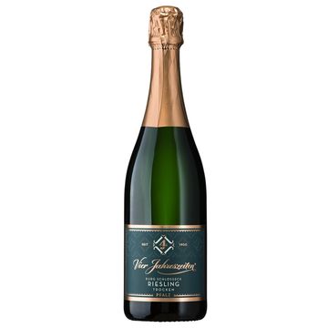 A bottle of Von Jacobssleben Riesling sparkling wine with a dark green label and foil top.