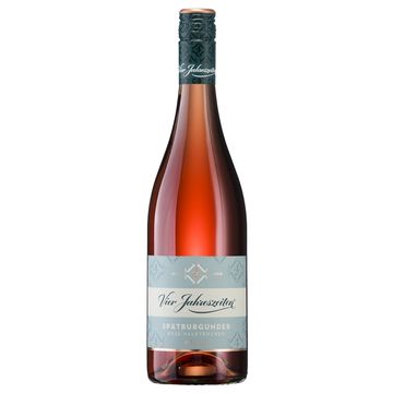 A bottle of rose wine with a blue and white label.