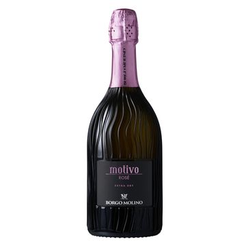 A bottle of Motivo Rosé sparkling wine with pink foil on the neck.