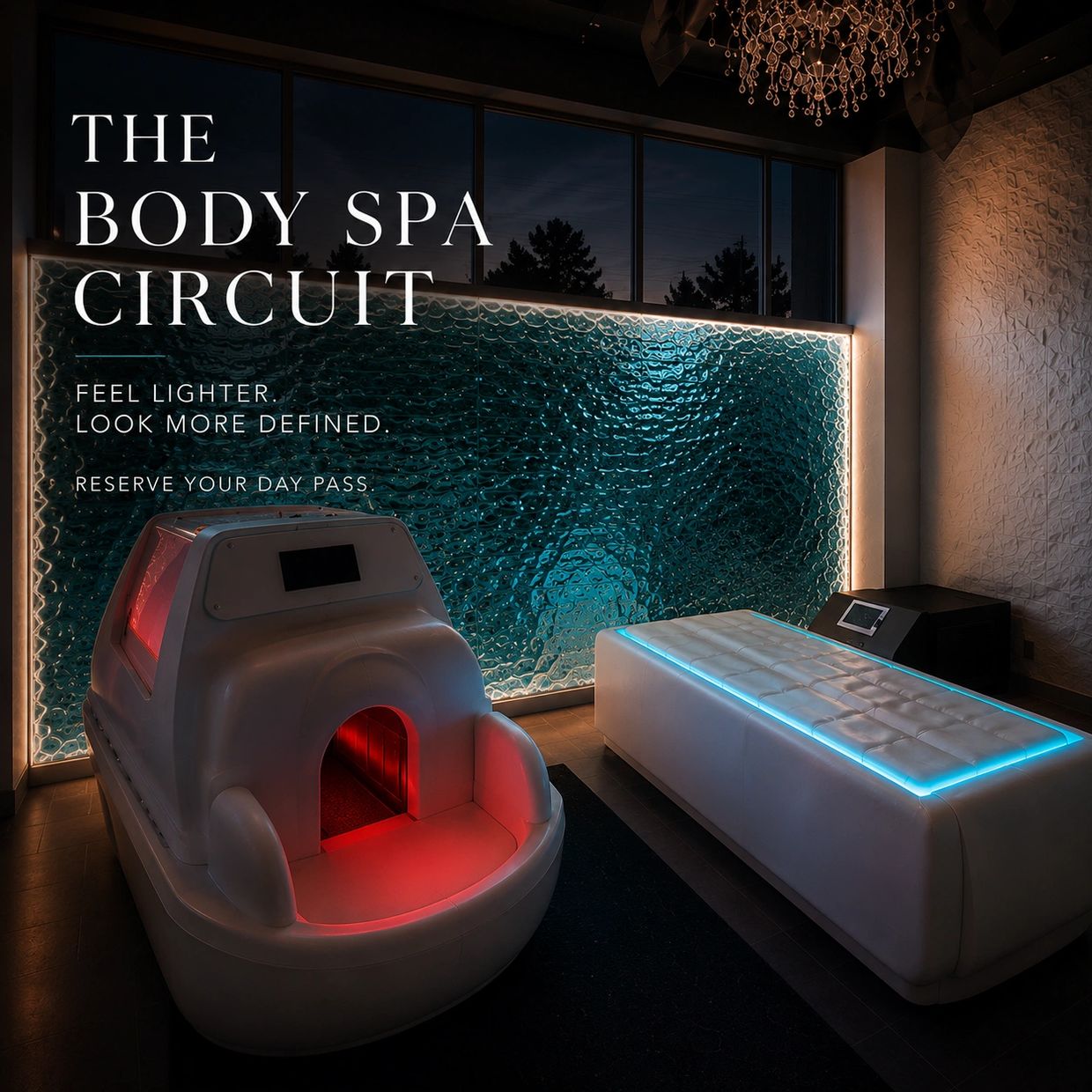 Modern spa room with glowing therapy units and blue textured wall.