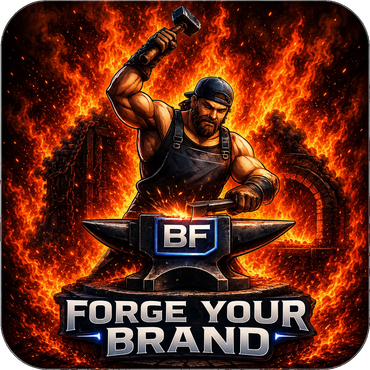 A muscular blacksmith forging metal with intense flames.