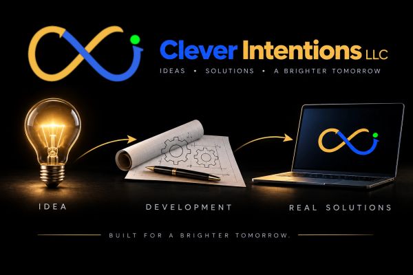 Clever Intentions LLC logo with idea-to-solution process illustration.