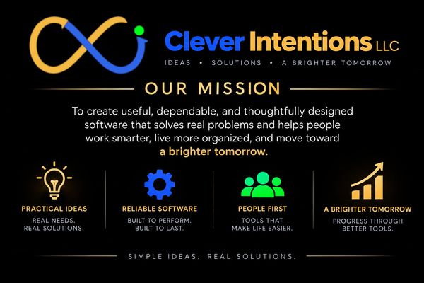 Mission statement of Clever Intentions LLC focused on practical ideas, reliable software, and people-first approach.