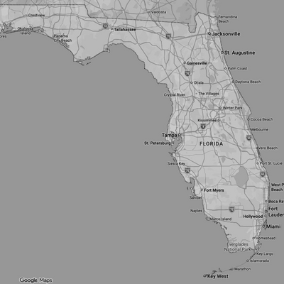 Black and white map of Florida highlighting major cities and highways.