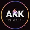 Logo of Ark Smoke Shop with flame design inside the letter K.