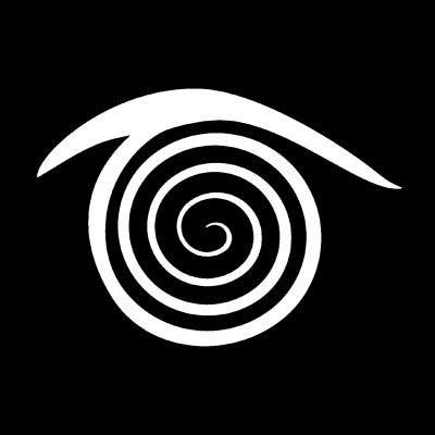 A white spiral eye symbol on a black background.