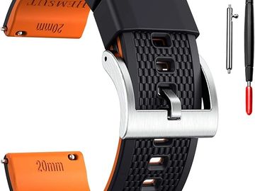 Black and orange watch strap with silver buckle and tools.