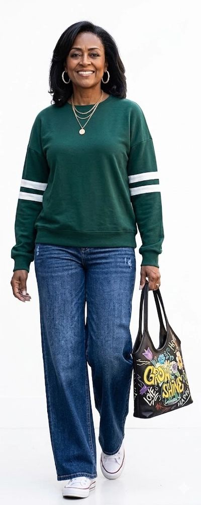 A woman in a green sweatshirt and jeans walks confidently with a colorful tote bag.