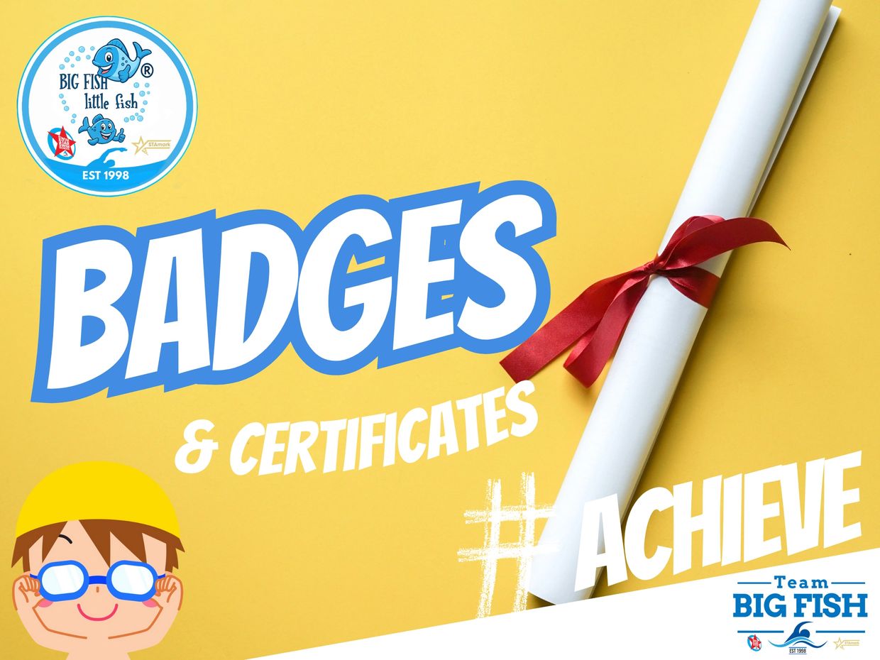 Colorful advertisement for badges and certificates by Big Fish Little Fish.