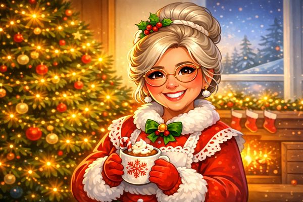 Smiling woman in festive outfit holding a holiday mug by a decorated Christmas tree and fireplace.