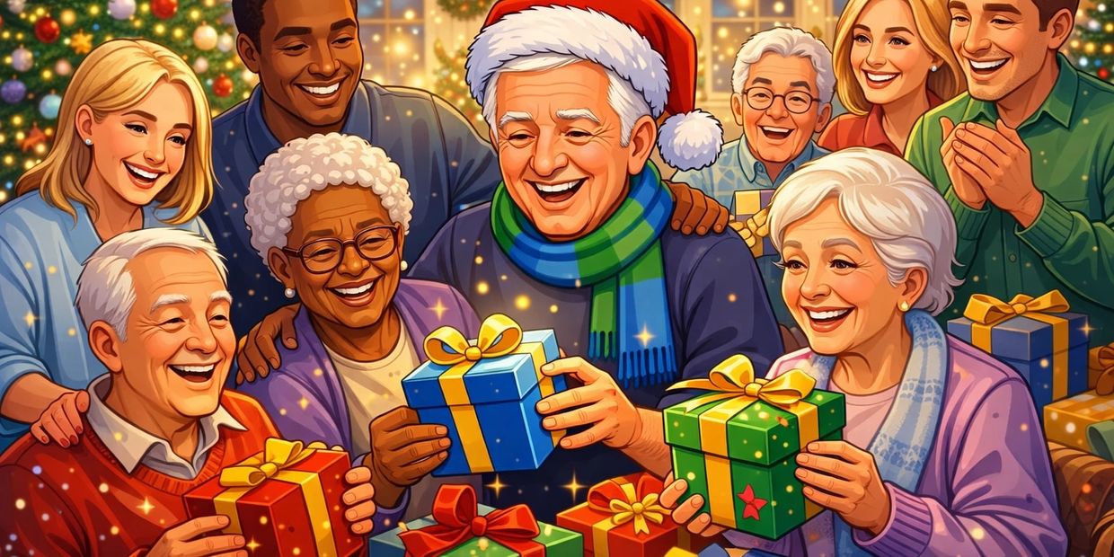 Joyful multi-generational family exchanging Christmas gifts around a decorated tree.
