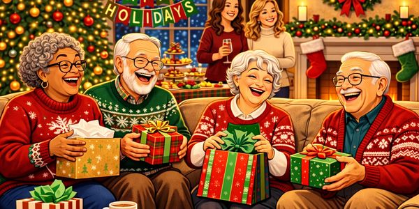 Elderly friends joyfully exchanging Christmas gifts in festive sweaters.