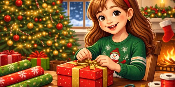 A cheerful girl wrapping Christmas presents beside a decorated tree and fireplace.