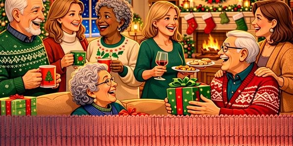 Family celebrating Christmas joyfully with gifts and festive drinks by the fireplace.