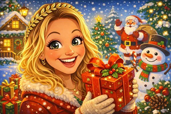 Smiling woman in winter clothes holding a festive gift with Santa and snowman in background.