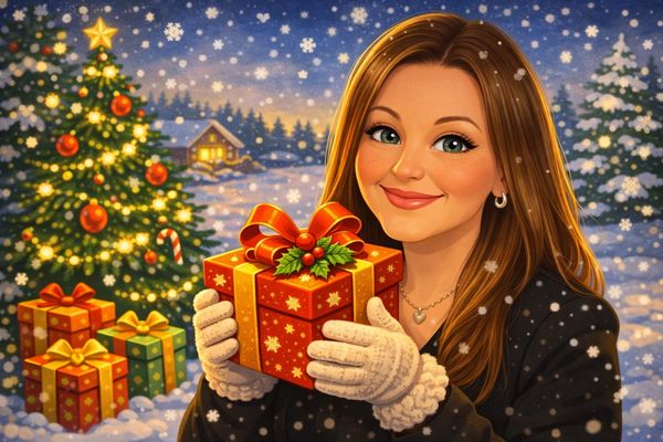 Smiling woman holding a Christmas gift in snowy winter with decorated tree.