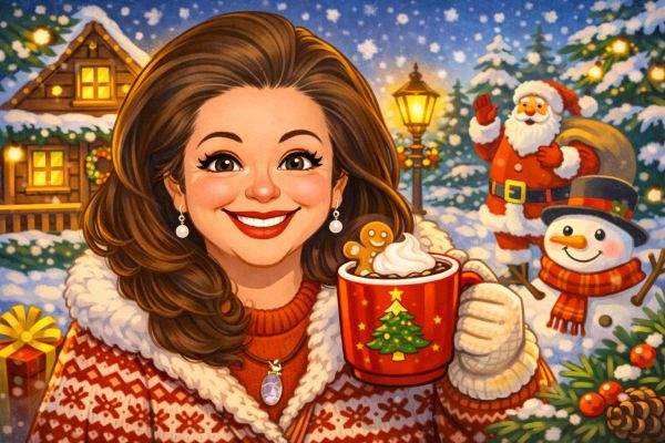Smiling woman in festive sweater holding holiday-themed hot cocoa with Santa and snowman outside.