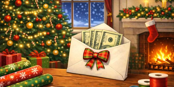 Envelope with money and Christmas decorations in the background.