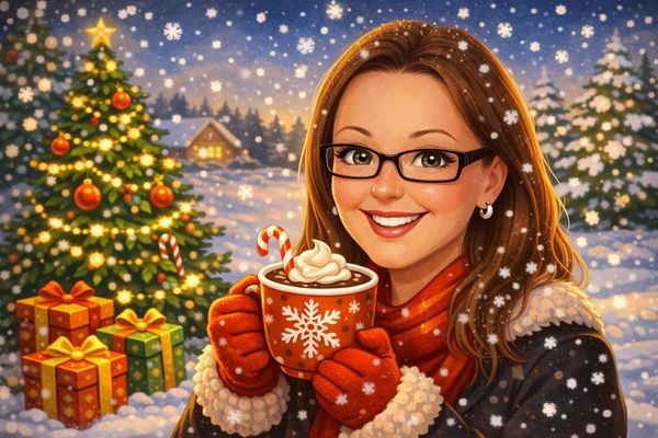A smiling woman enjoys a hot drink in a snowy Christmas setting with gifts and a decorated tree.