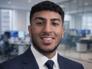 Professional young man in a suit smiling in an office setting.