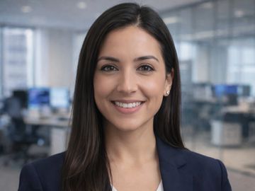Professional woman in business attire smiling in modern office.