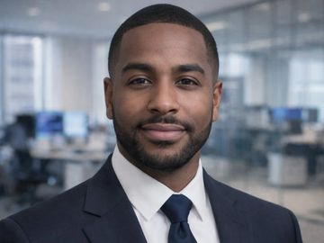 Confident man in a suit smiling in a modern office.