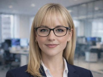 Professional woman in glasses and business attire smiling confidently.